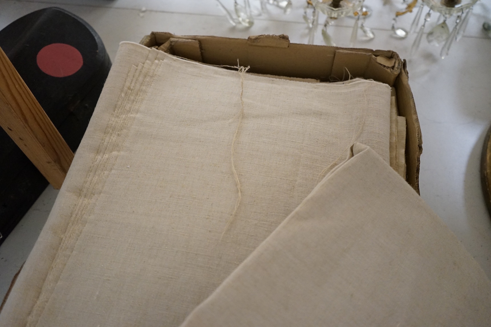 Six lengths of various French provincial coarse woven linen approx. 1.10 x 600cm
